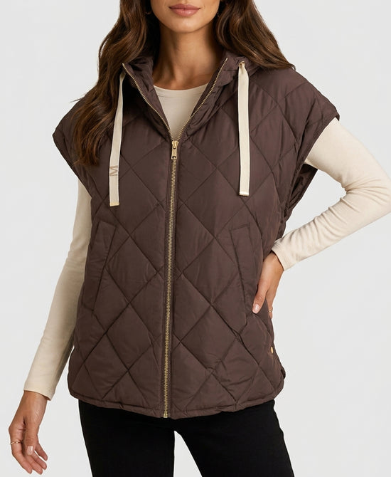 
Quilted Puffer Vest w/ Side Buttons & Hood in BROWN view 1