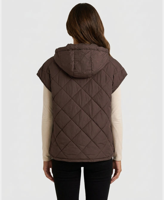 
Quilted Puffer Vest w/ Side Buttons & Hood in BROWN view 2