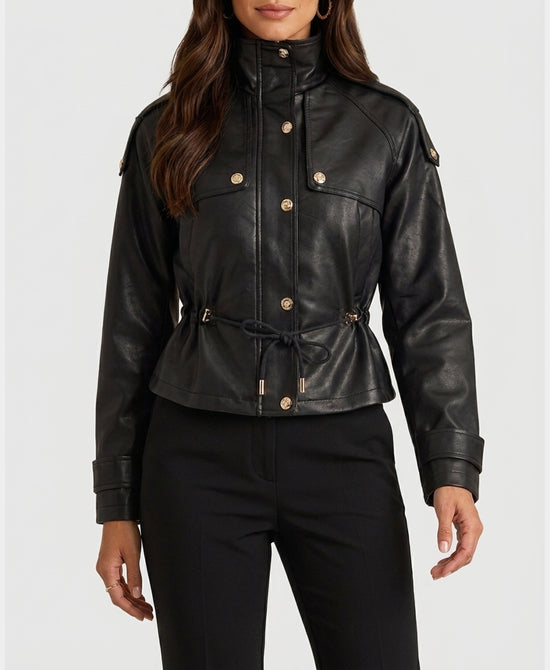 
Faux Leather Jacket w/ Cinched Waist in BLACK view 1