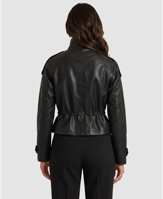 
Faux Leather Jacket w/ Cinched Waist in BLACK view 2
