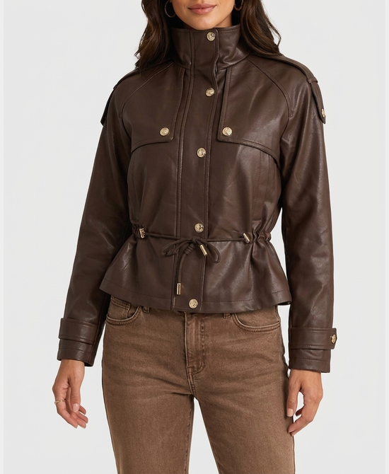 
Faux Leather Jacket w/ Cinched Waist in BROWN view 1