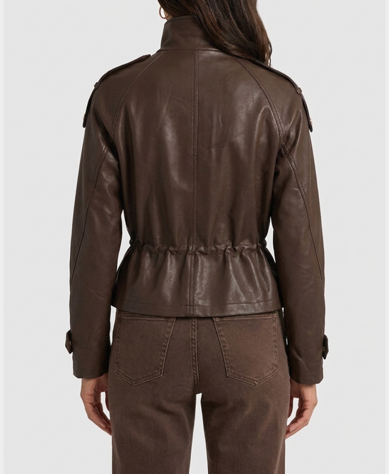 
Faux Leather Jacket w/ Cinched Waist in BROWN view 2
