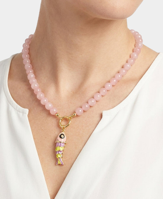 
Rose Quartz Fish Beaded Necklace in PINK MULTI view 1
