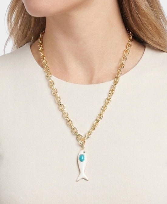 
Fish Chain Pendant Necklace in WHITE/BLUE/GOLD view 1