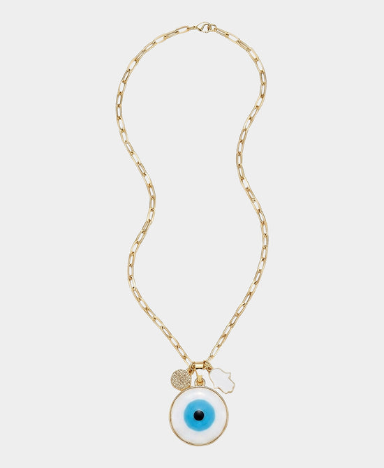 
Evil Eye Pendant Necklace w/ Hamsa Charm in WHITE/GOLD view 2