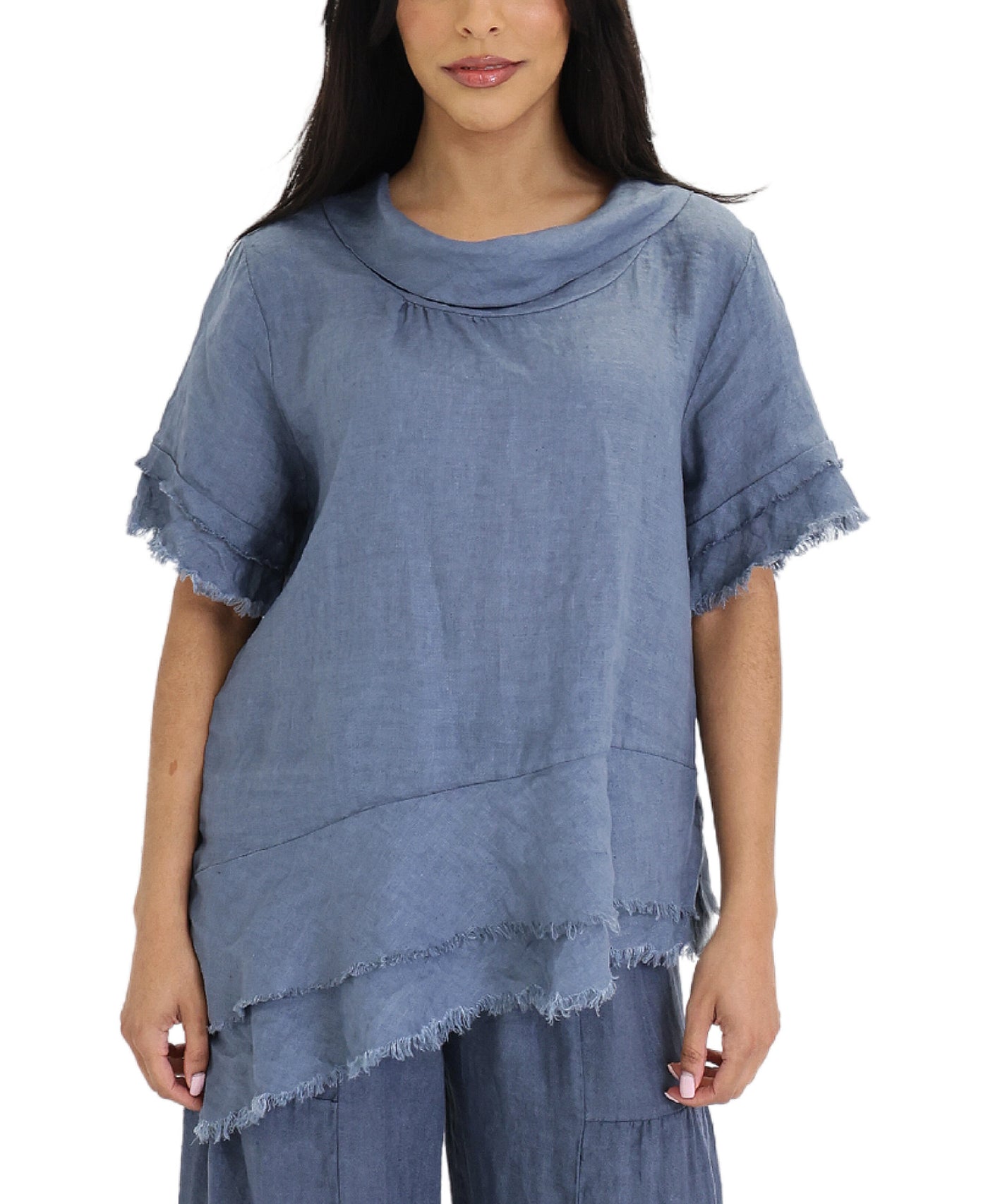 Linen Asymmetrical Top w/ Frayed Trim view 1