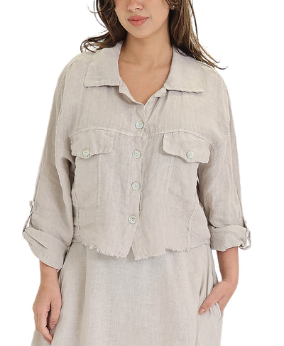 Linen Crop Shirt w/ Frayed Trim image 1
