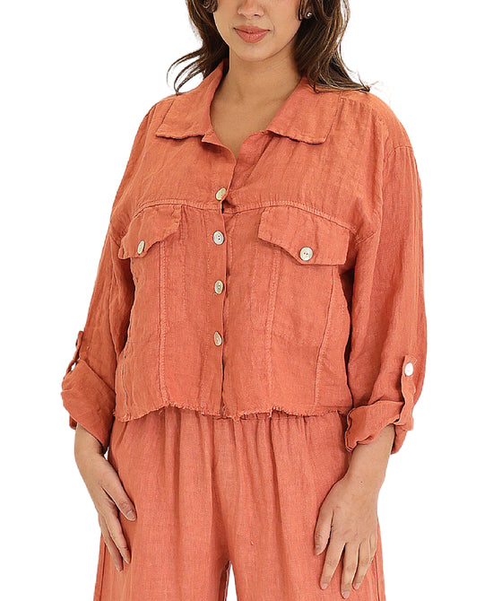 Linen Crop Shirt w/ Frayed Trim view 1