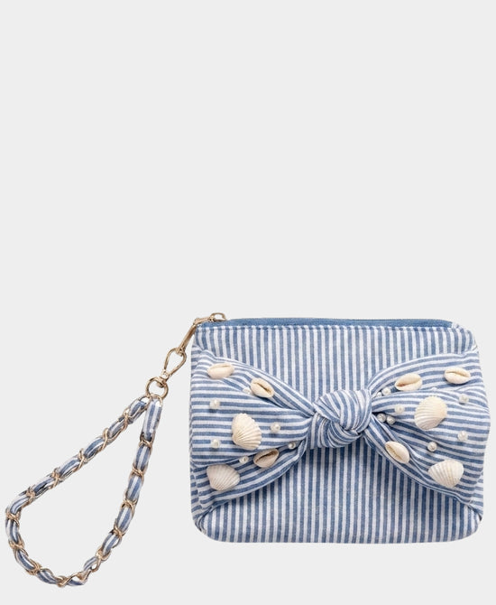 
Stripe Bow Wristlet w/ Shells & Pearls in BLUE view 1