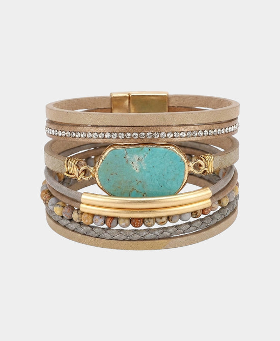 
Multi Strand Stone Magnetic Bracelet in TAUPE/TURQUOISE/GOLD view 2