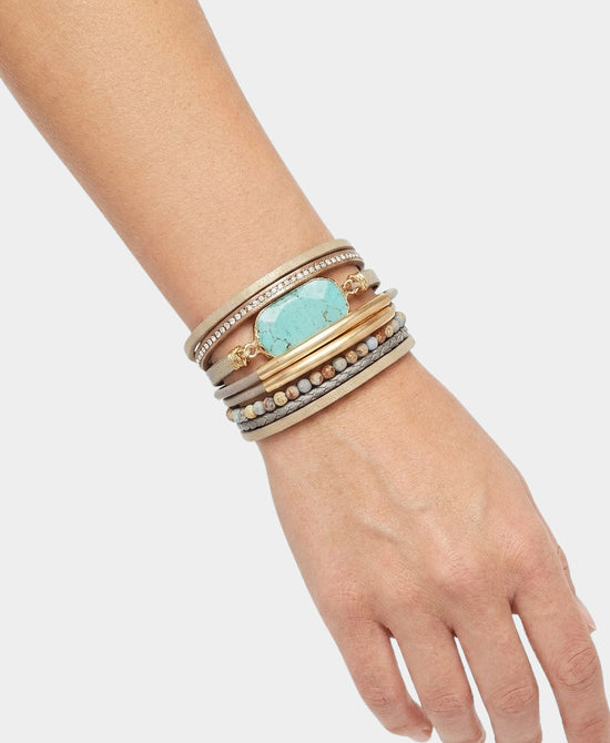 
Multi Strand Stone Magnetic Bracelet in TAUPE/TURQUOISE/GOLD view 1