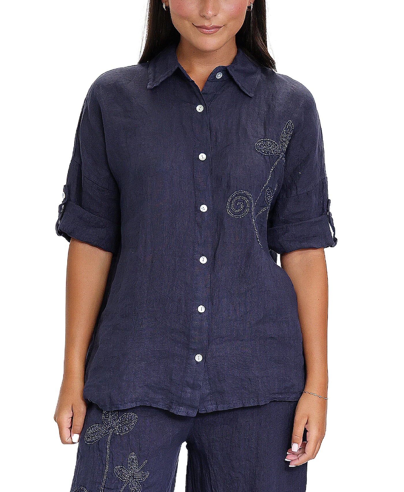 Linen Top w/ Embroidered Flower Detail image 1