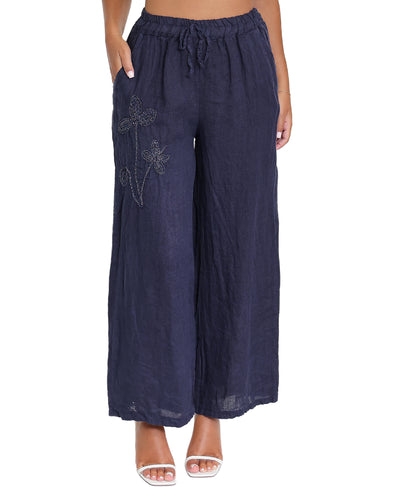 Linen Pants w/ Embroidered Detail image 1