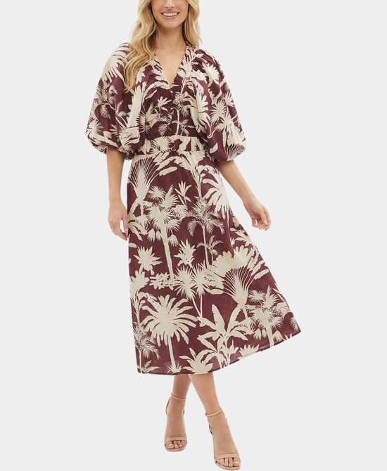 
Printed Linen Midi Dress in BEIGE/RED view 1