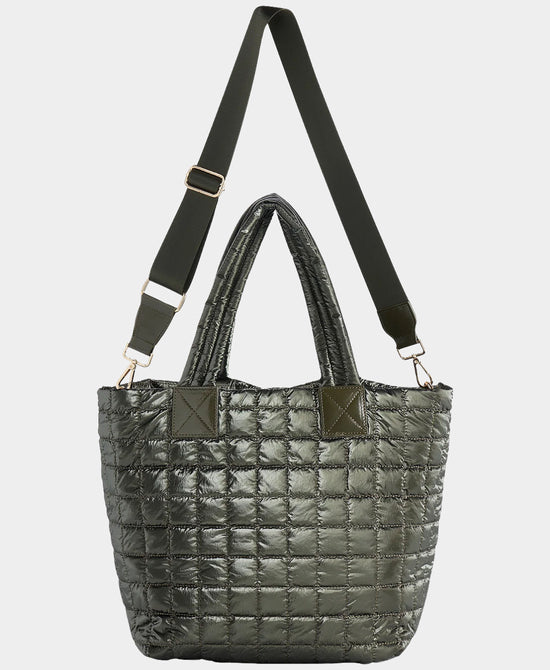 
Metallic Nylon Quilted Tote Bag in OLIVE view 1