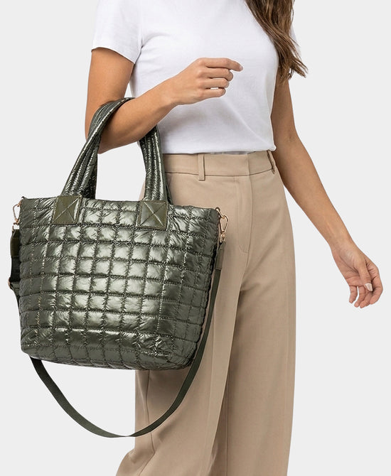 
Metallic Nylon Quilted Tote Bag in OLIVE view 2