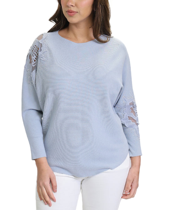 Sweater w/ Crochet Lace & Rhinestone Sleeves view 1