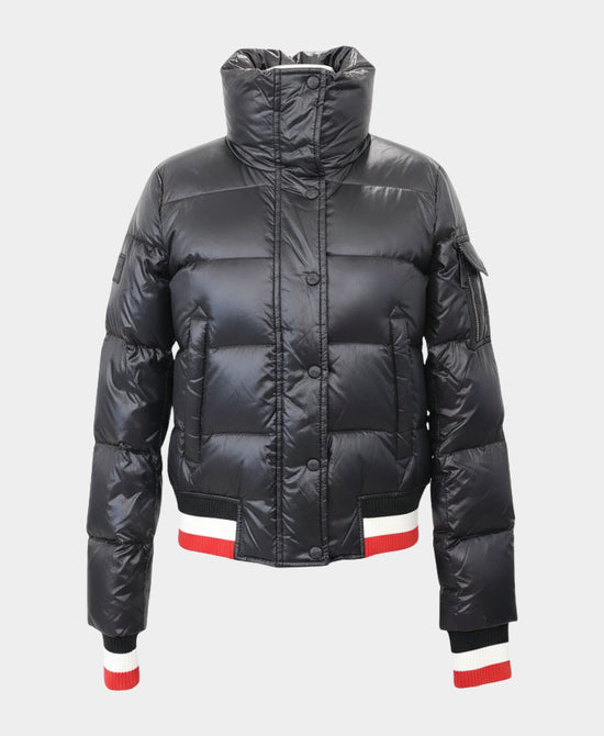 Shiny Puffer Down Jacket w/ Striped Trim view 