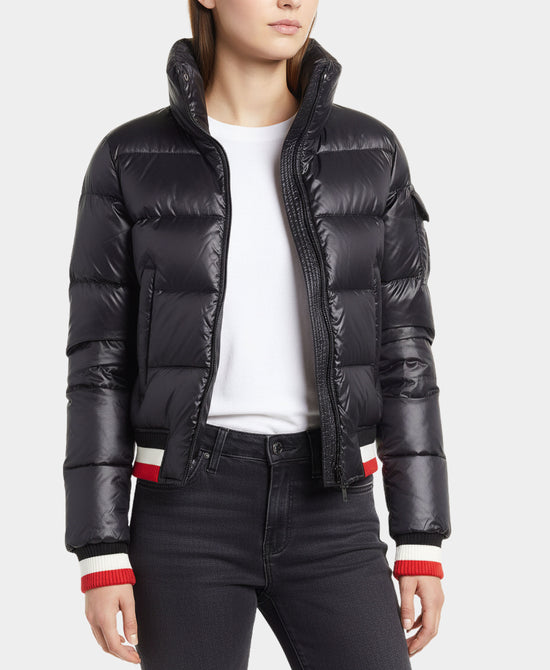 Shiny Puffer Down Jacket w/ Striped Trim view 