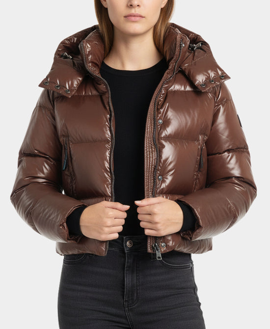 Shiny Puffer Down Cropped Jacket w/ Hood view 