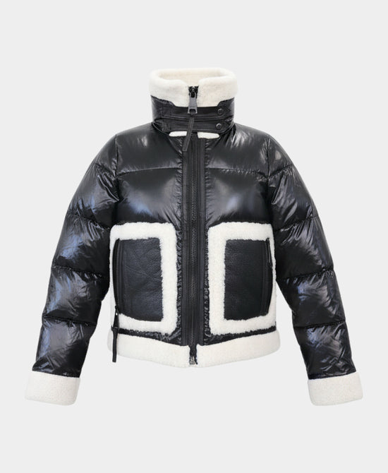 Shiny Puffer Down Jacket w/ Shearling Trim view 