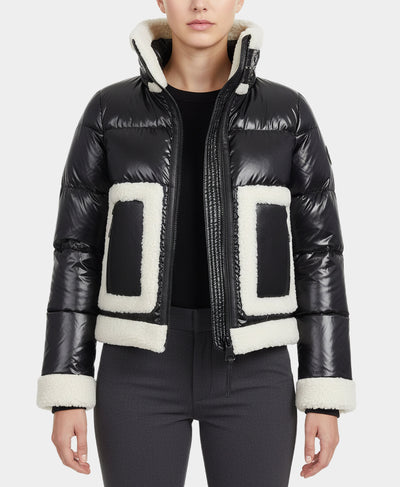 Shiny Puffer Down Jacket w/ Shearling Trim image 1