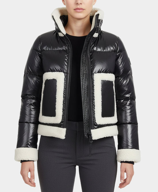 Shiny Puffer Down Jacket w/ Shearling Trim view 