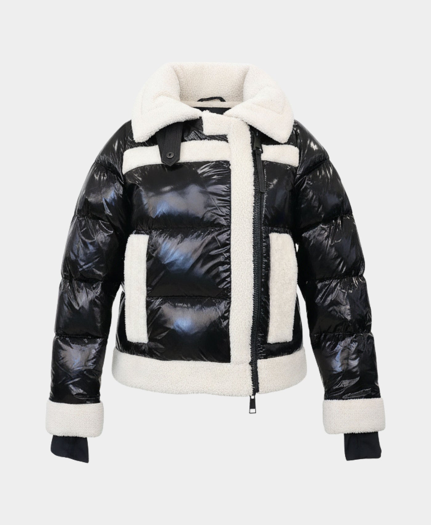 Shiny Puffer Down Jacket w/ Sherpa Trim view 2