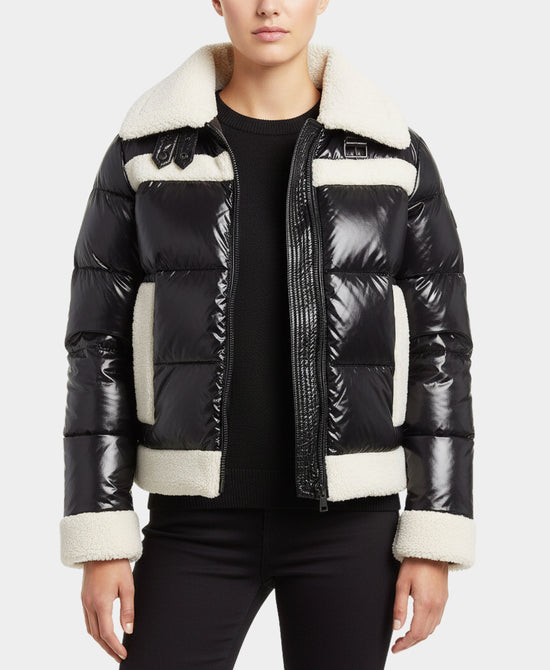 Shiny Puffer Down Jacket w/ Sherpa Trim view 