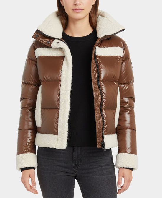 Shiny Puffer Down Jacket w/ Sherpa Trim view 