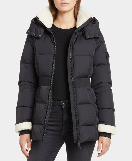 Puffer Down Jacket w/ Shearling Trim view 