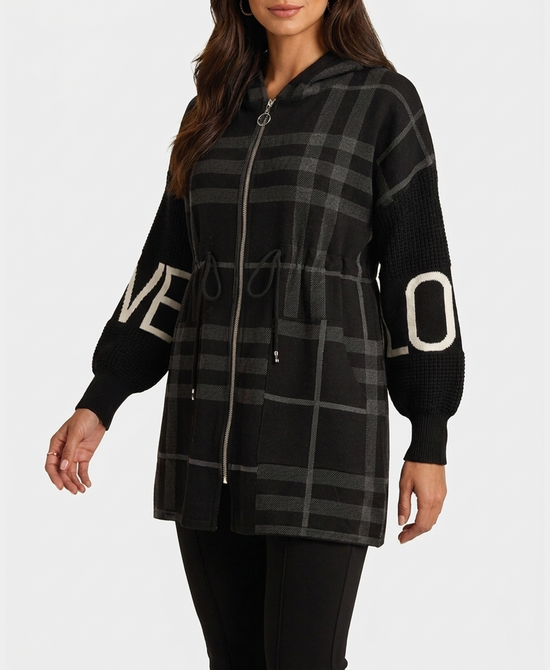 
Plaid "LOVE" Hi-Lo Drawstring Jacket w/ Hood in BLACK view 1