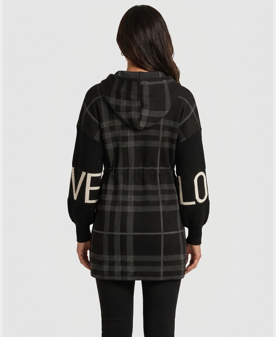 
Plaid "LOVE" Hi-Lo Drawstring Jacket w/ Hood in BLACK view 2
