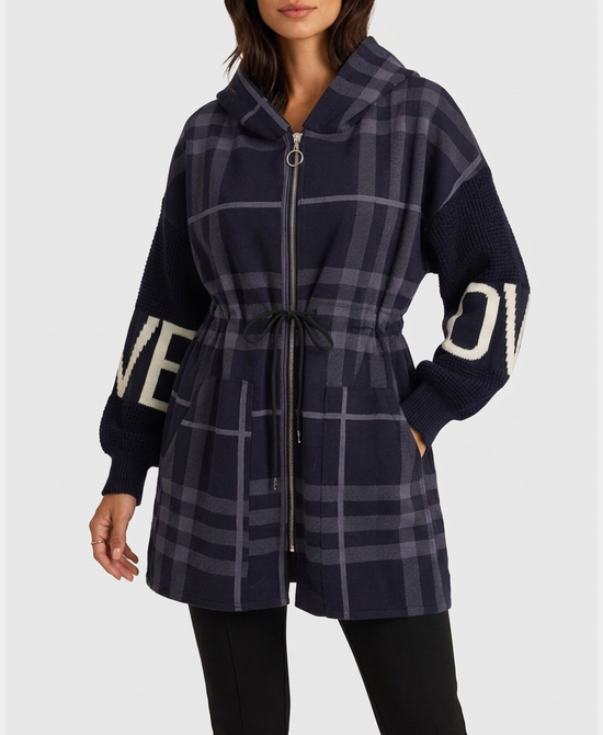 
Plaid "LOVE" Hi-Lo Drawstring Jacket w/ Hood in NAVY view 1
