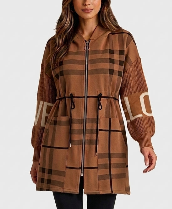
Plaid "LOVE" Hi-Lo Drawstring Jacket w/ Hood in CAMEL/BLACK view 1