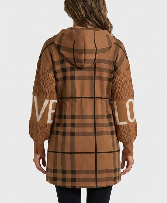 
Plaid "LOVE" Hi-Lo Drawstring Jacket w/ Hood in CAMEL/BLACK view 2