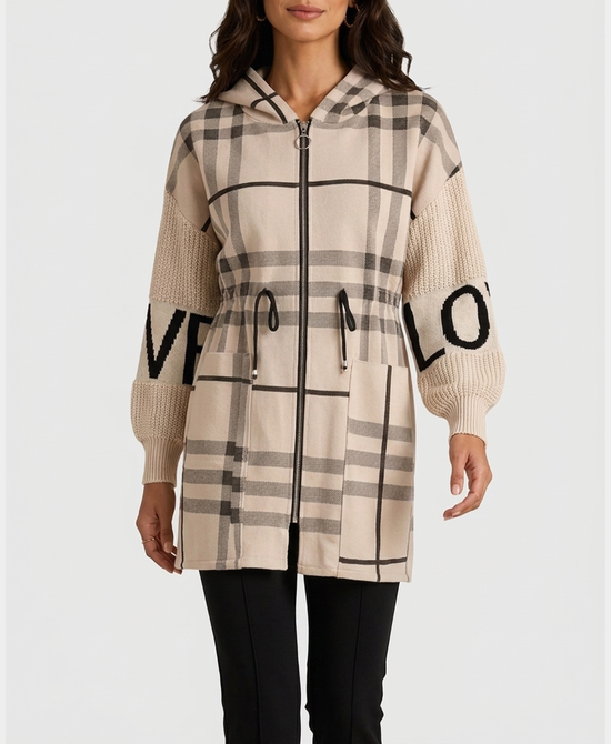 
Plaid "LOVE" Hi-Lo Drawstring Jacket w/ Hood in CREAM view 1