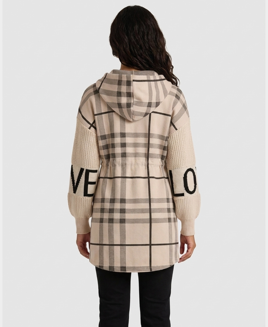 
Plaid "LOVE" Hi-Lo Drawstring Jacket w/ Hood in CREAM view 2