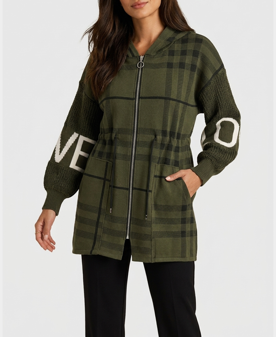 
Plaid "LOVE" Hi-Lo Drawstring Jacket w/ Hood in OLIVE view 1