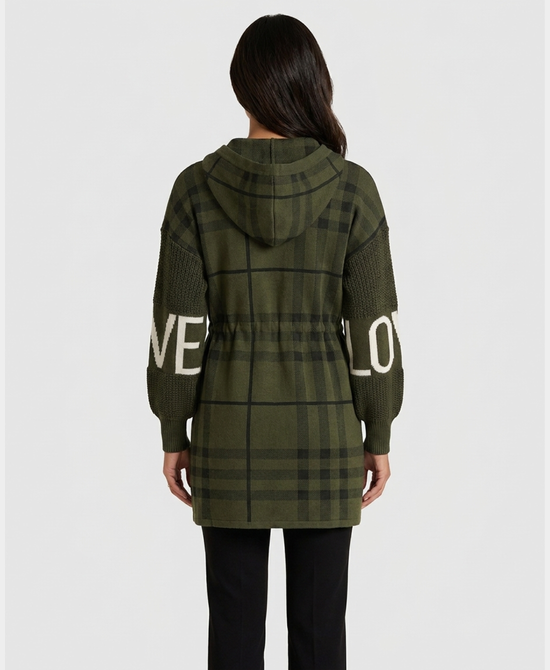 
Plaid "LOVE" Hi-Lo Drawstring Jacket w/ Hood in OLIVE view 2