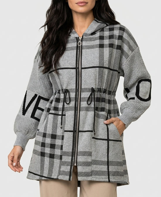 
Plaid "LOVE" Hi-Lo Drawstring Jacket w/ Hood in GREY/BLACK view 1