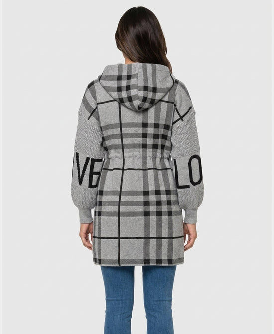 
Plaid "LOVE" Hi-Lo Drawstring Jacket w/ Hood in GREY/BLACK view 2