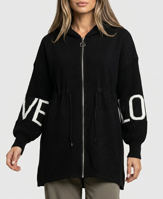 
"LOVE" Hi-Lo Drawstring Jacket w/ Hood in BLACK view 1