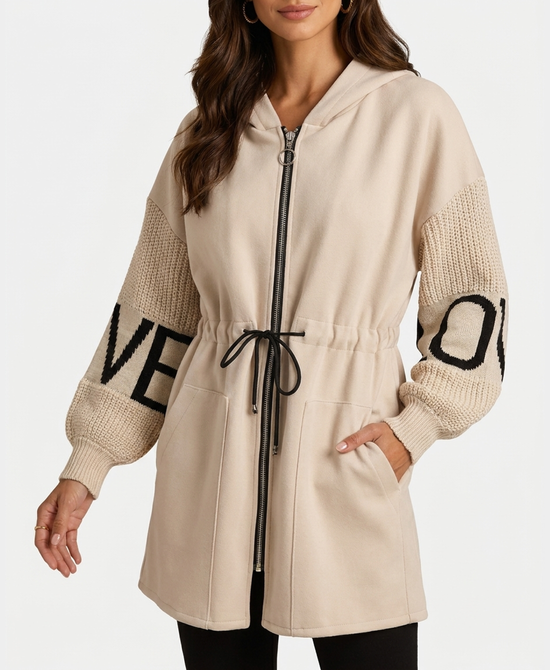 
"LOVE" Hi-Lo Drawstring Jacket w/ Hood in BEIGE view 1