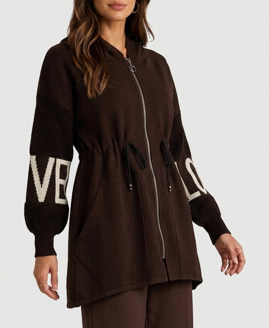 
"LOVE" Hi-Lo Drawstring Jacket w/ Hood in DARK BROWN view 1