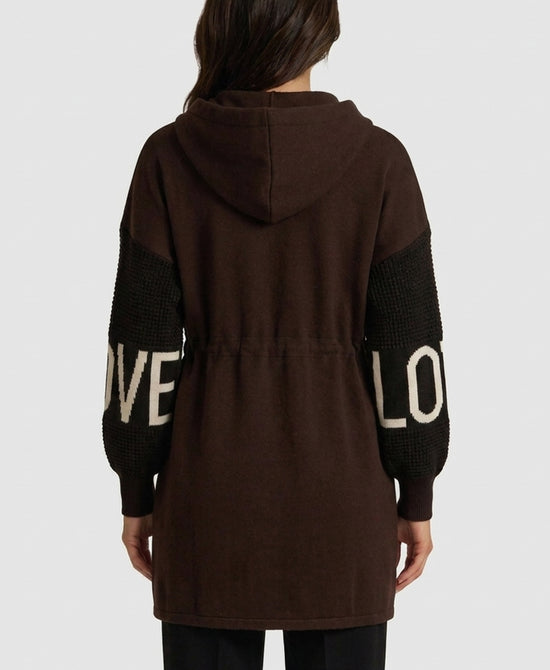 
"LOVE" Hi-Lo Drawstring Jacket w/ Hood in DARK BROWN view 2