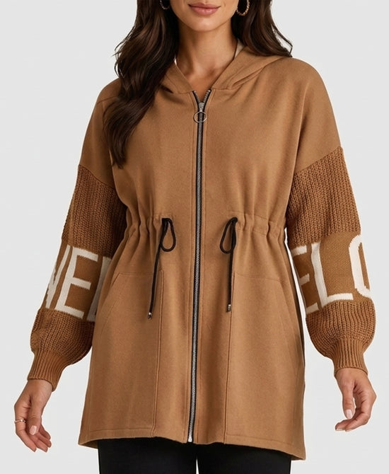 
"LOVE" Hi-Lo Drawstring Jacket w/ Hood in CAMEL view 1