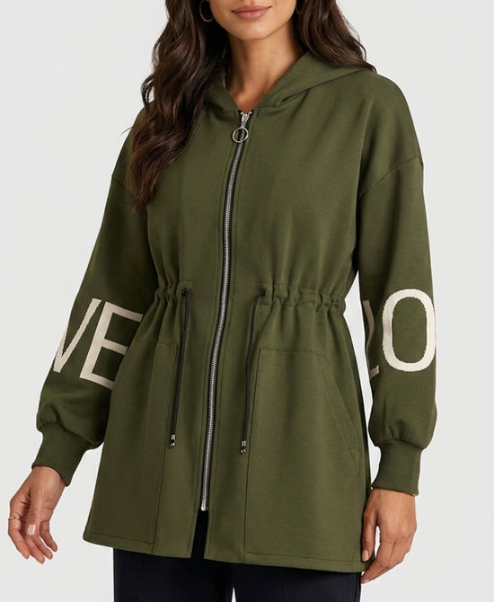 
"LOVE" Hi-Lo Drawstring Jacket w/ Hood in OLIVE view 1