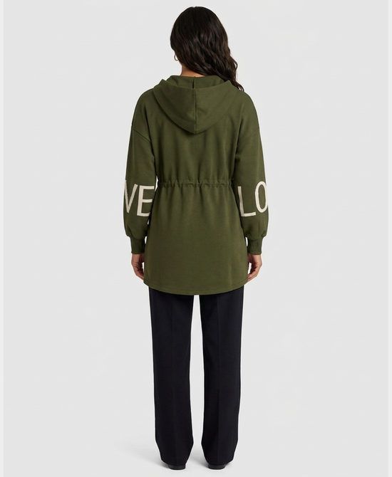 
"LOVE" Hi-Lo Drawstring Jacket w/ Hood in OLIVE view 2