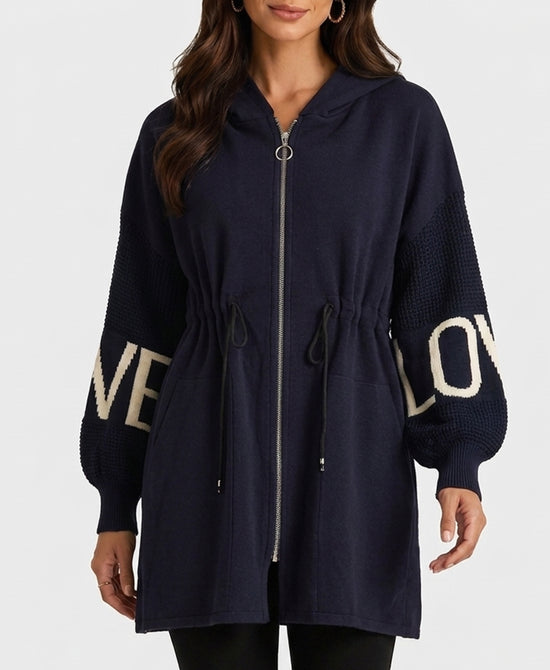 
"LOVE" Hi-Lo Drawstring Jacket w/ Hood in NAVY view 1